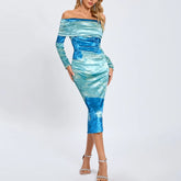 Off shoulder gradient blue midi dress perfect for occasion wear